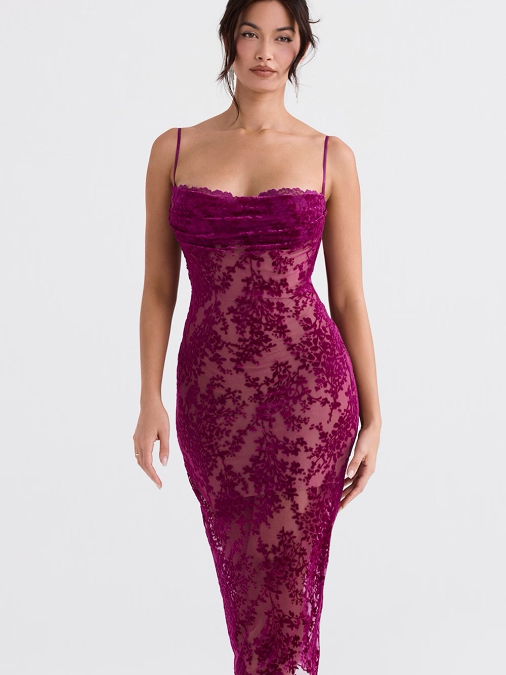 House of CB Ione Cranberry devore midi dress